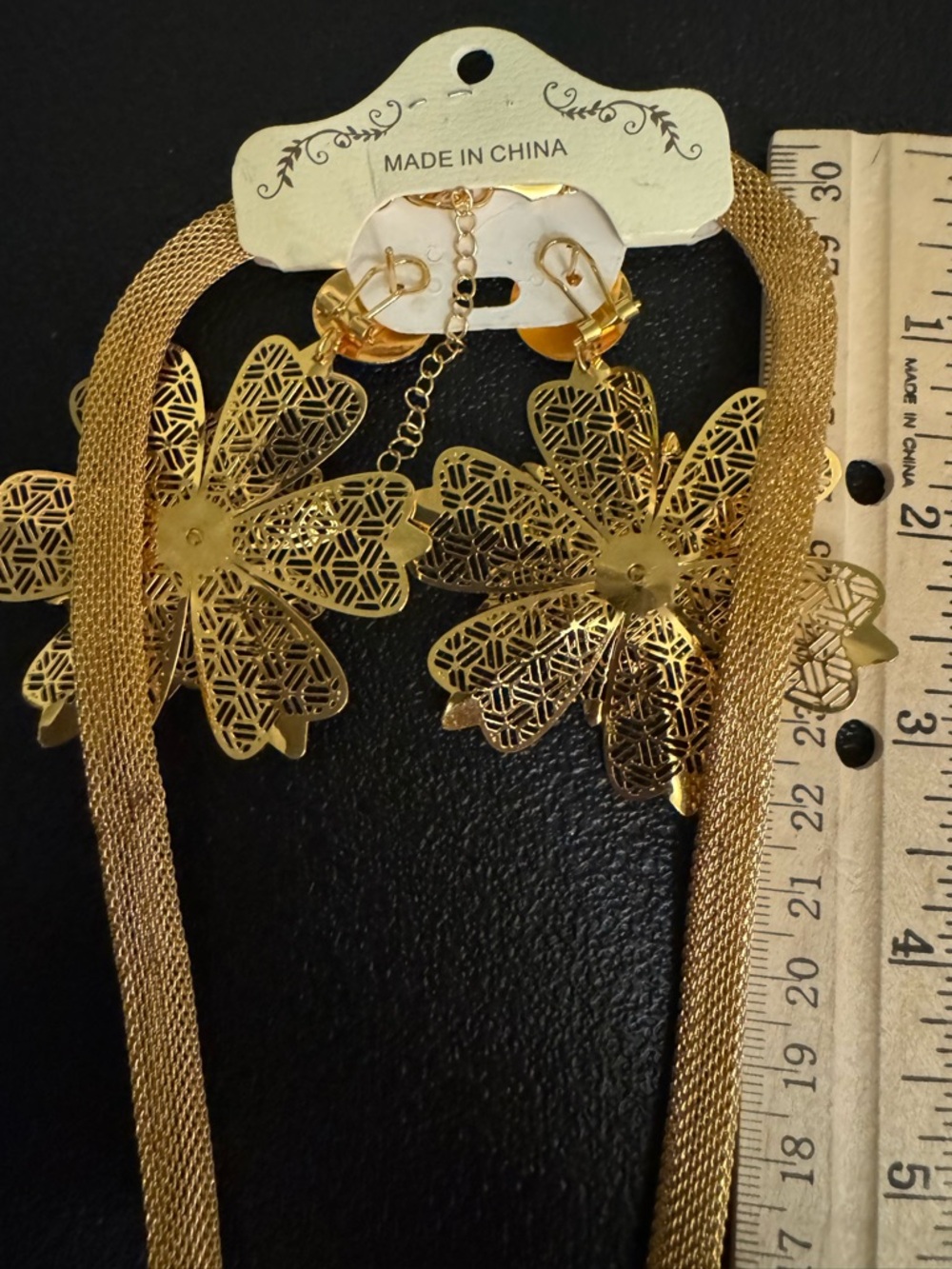 Gold Floral Filigree Necklace Pierced Earrings Set - Picture 7 of 10